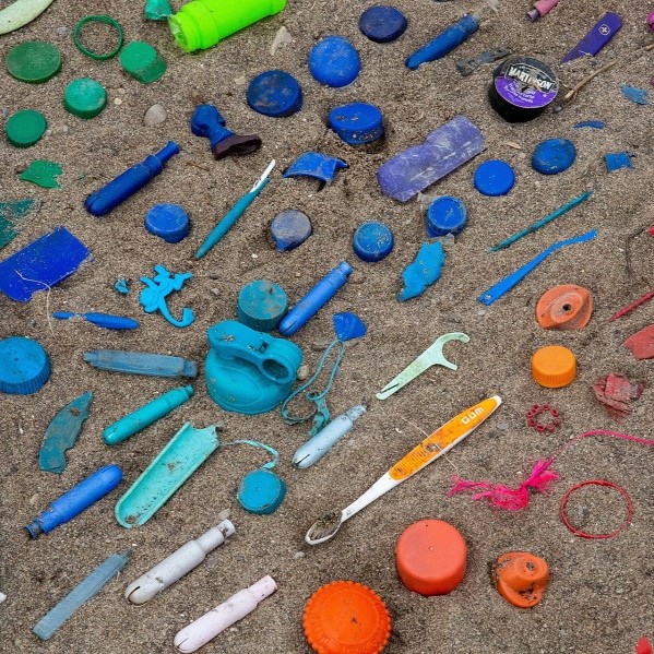 Beach found plastic objects arranged by colour.